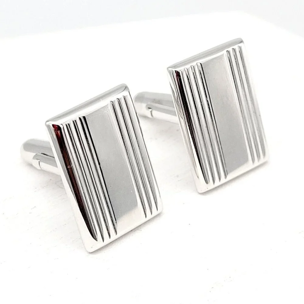 Contemporary Rectangular Cufflinks Silver Tone Clean Lines Men's Accessories